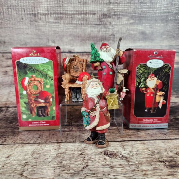 Set 3 Rustic Woodland Santa Ornaments Hallmark Christmas Collectors Folk Art - Picture 2 of 16
